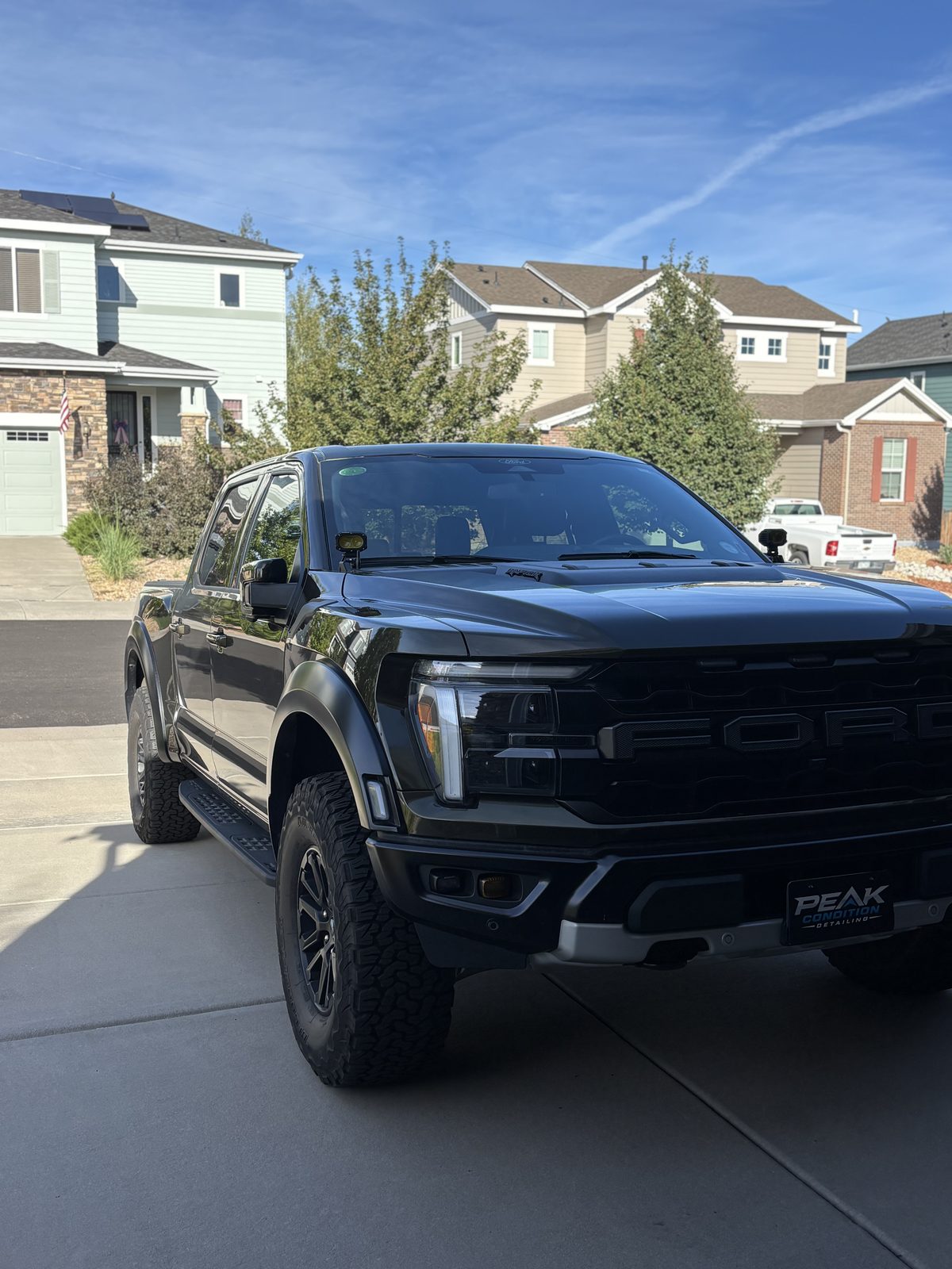 Side view of a black Ford Raptor after detailing